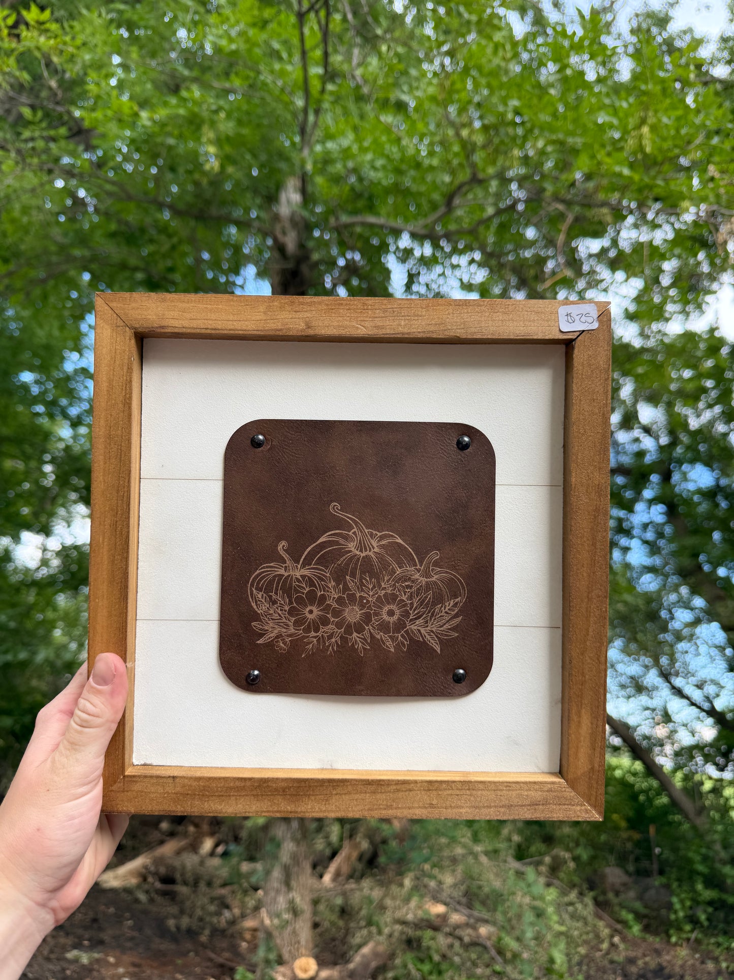 Pumpkin Leather Wood Sign 10x 10